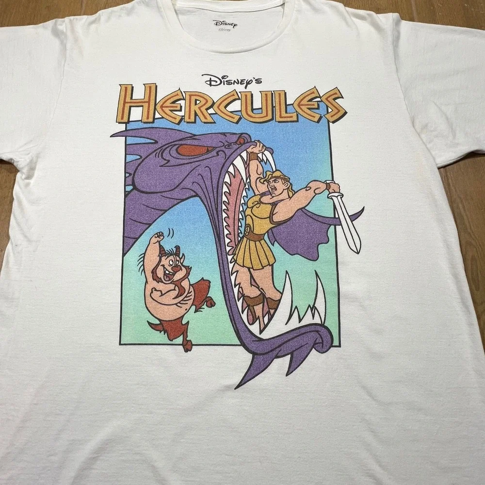 Disney Hercules Graphic T-Shirt White Short Sleeve Hydra Phil Cotton Tee Mens XL